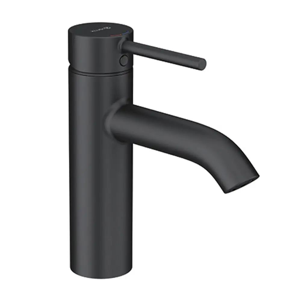 Schwarzer Kludi Wasserhahn mit einem geraden Auslauf und einem seitlichen Hebel zur Temperatur- und Mengeneinstellung. Design für Waschbeckenmontage sichtbar.